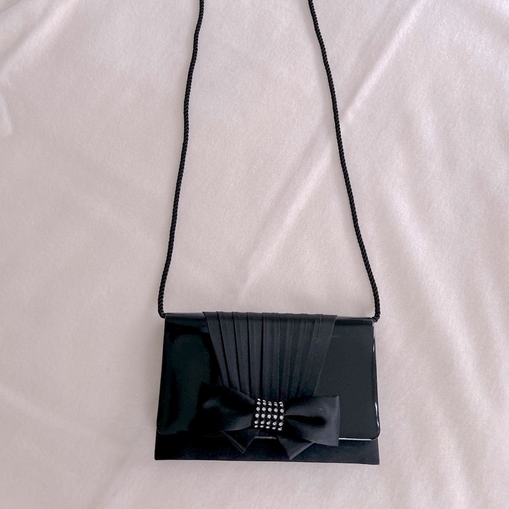 Genie Vintage Evening Clutch with satin and rhinestone bow tie trim